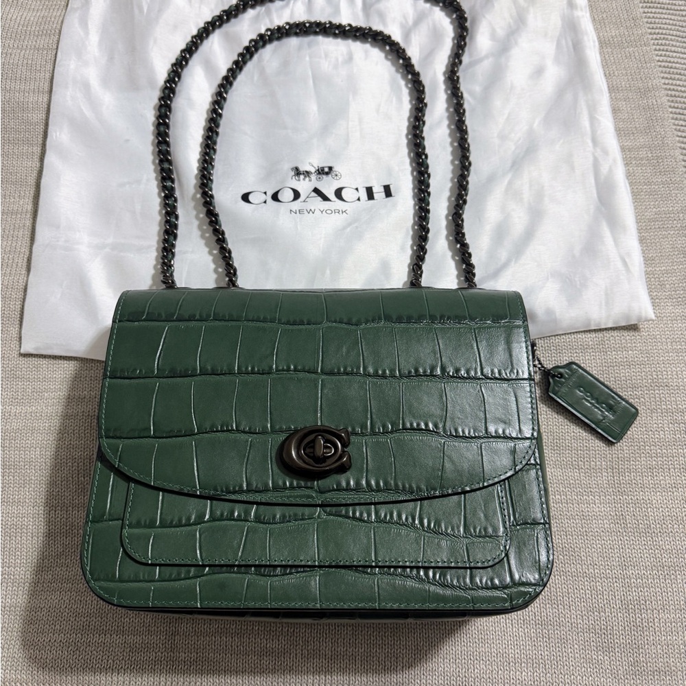 Coach Forest Green Croc-Embossed Shoulder Bag
